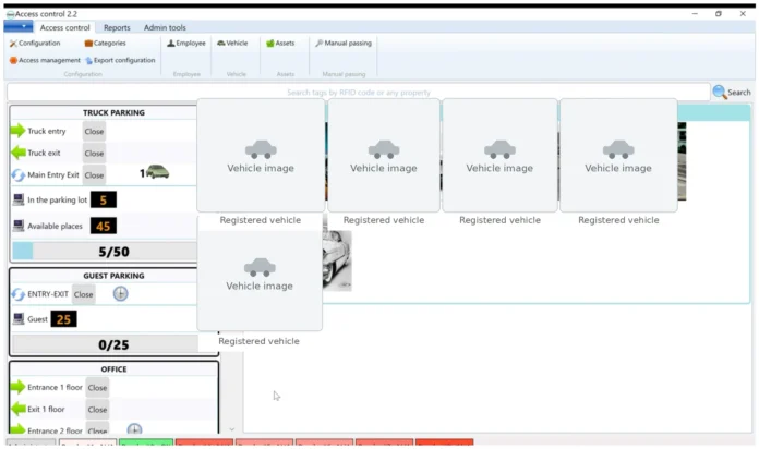 Live dashboard with parking occupancy, vehicle visibility, and reader status monitoring