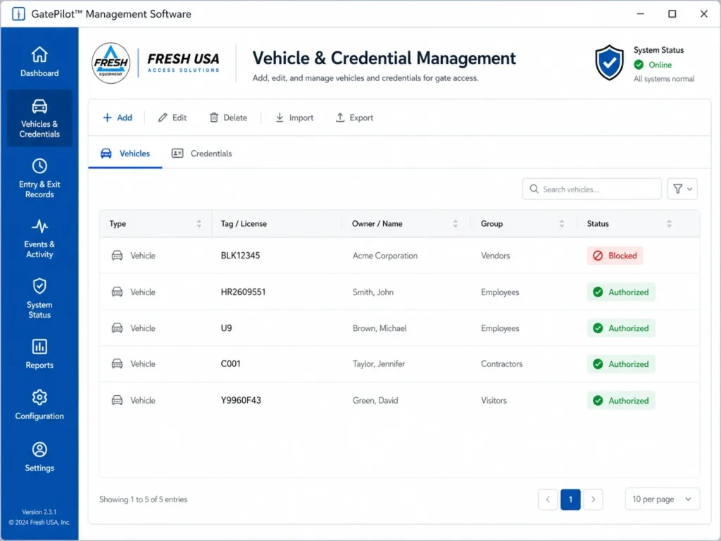 GatePilot vehicle and credential management software for autonomous gate access