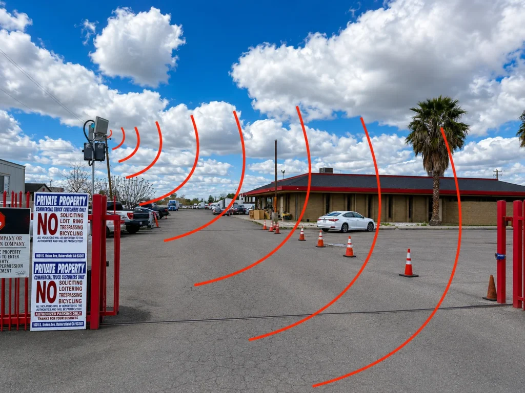 Vehicle gate access control RFID reader installation at commercial entrance