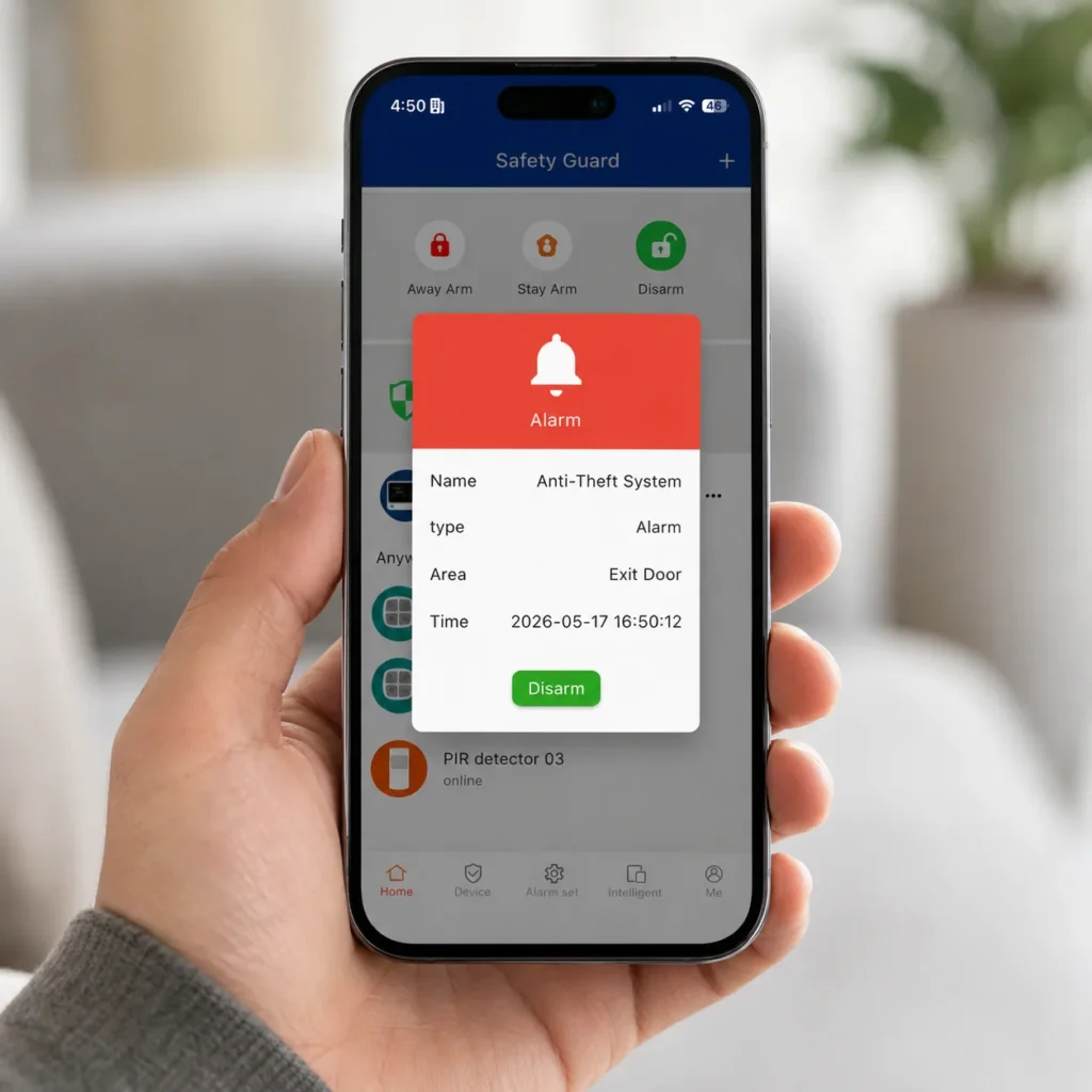 anti-theft system with mobile alerts showing warehouse security app notification on smartphone