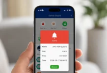 Anti-theft system with mobile alerts showing a security app notification on a smartphone