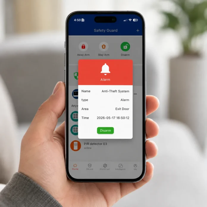 Anti-theft system with mobile alerts showing a security app notification on a smartphone