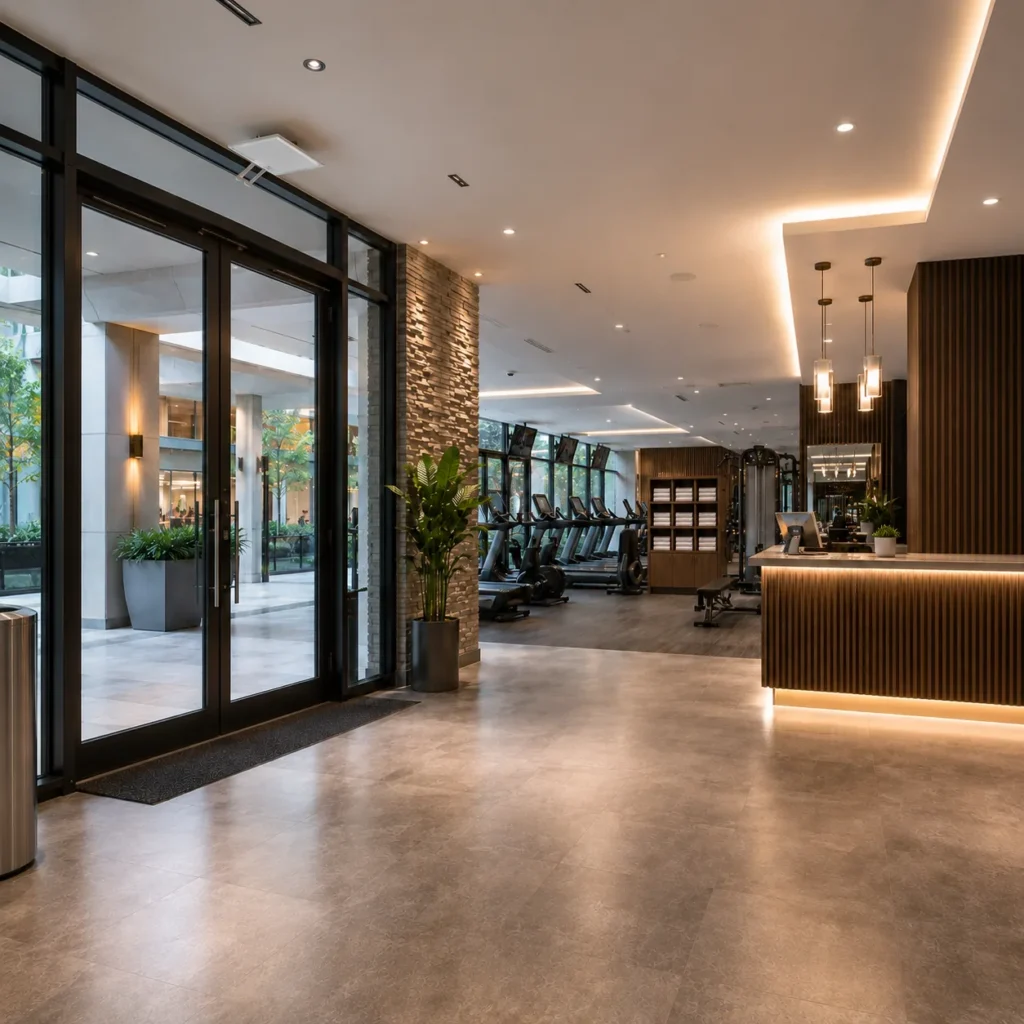 Hotel gym lobby with overhead RFID towel anti-theft system