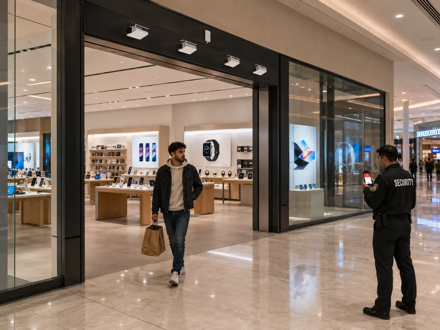 Shopping mall store using mobile security notifications for theft prevention
