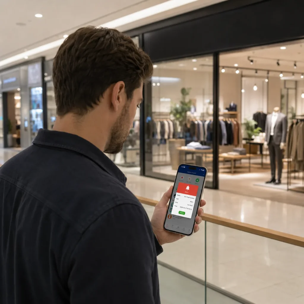 Retail store owner receiving a phone alert from an anti-theft system
