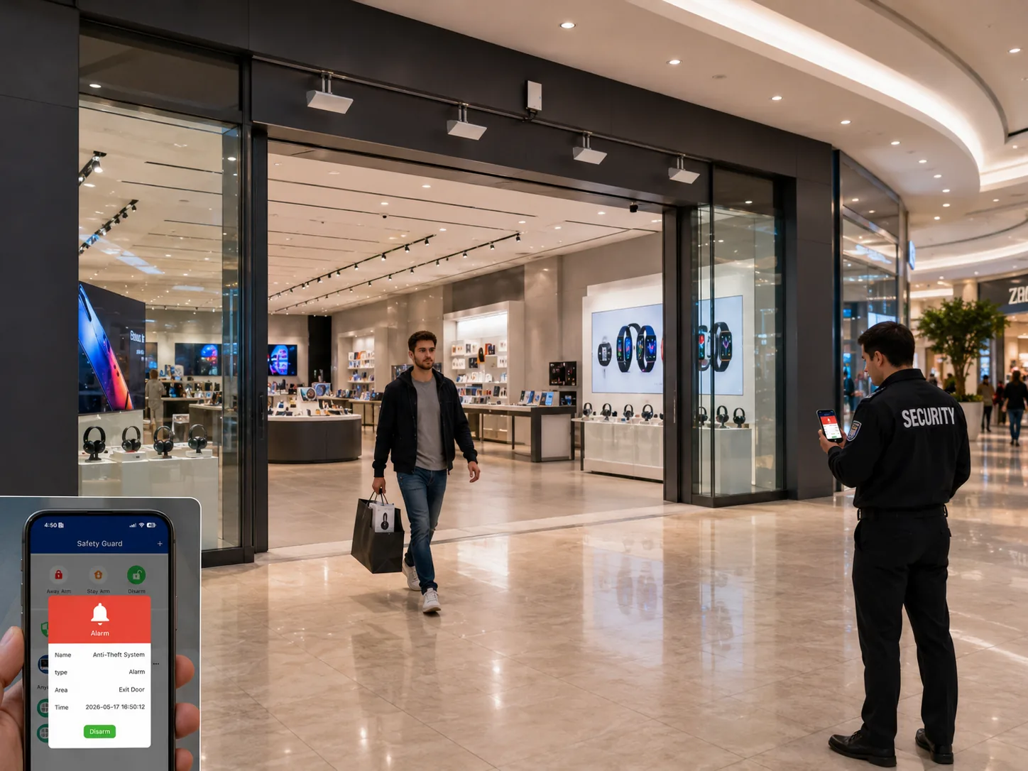 Retail theft alert system detecting an unauthorized theft attempt in an electronics store