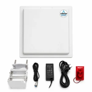 Anti-theft system tracker for overhead placement with mounting bracket, power adapter, cables, and red alarm siren.