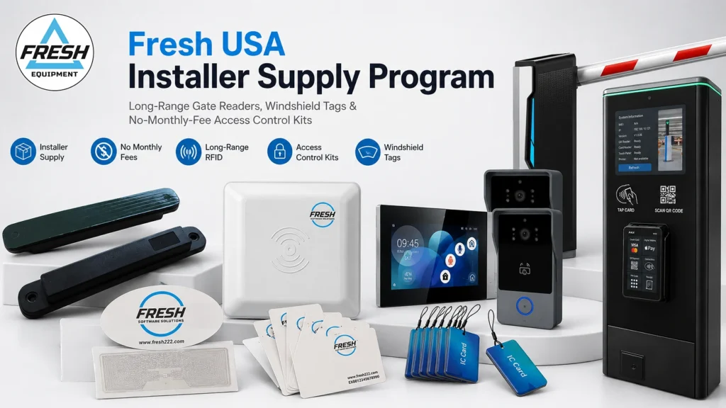 Promotional graphic for the Fresh USA Installer Supply Program featuring gate readers, windshield tags, intercom devices, and access control kits.