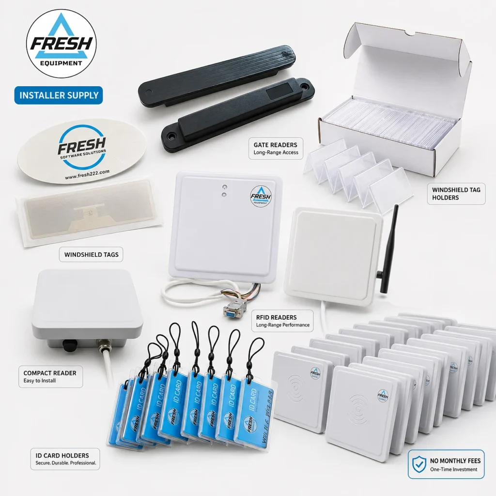 Fresh USA installer supply components including long-range readers, windshield tags, tag holders, and ID cards.