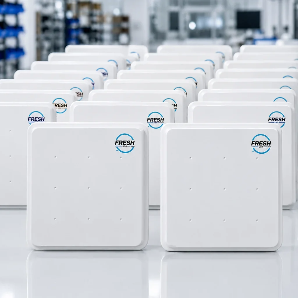 Fresh USA long-range gate readers arranged in rows in a production environment for the Installer Supply Program.
