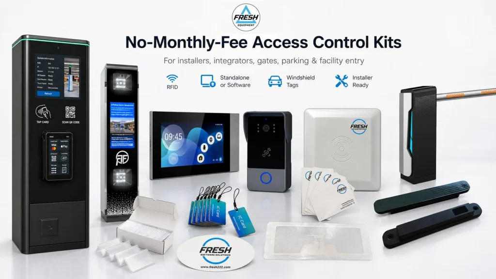Fresh USA no-monthly-fee access control kits with RFID readers, tags, barrier gate equipment, and installer-ready components.