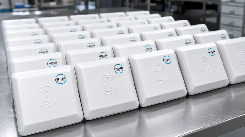 Fresh USA RFID long-range gate readers lined up on a worktable for installer supply and access control projects.