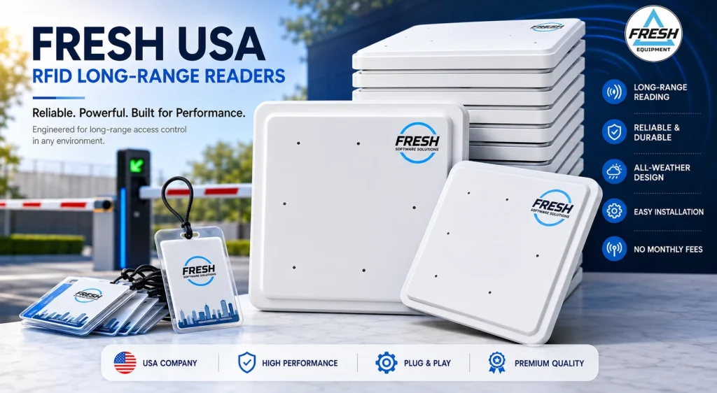 Fresh USA RFID long-range readers with ID cards and promotional features for the Installer Supply Program.