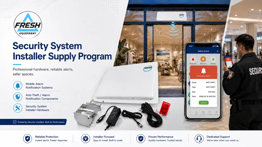 Fresh USA Security System Installer Supply Program graphic showing alarm notification hardware, mobile alert interface, anti-theft components, and installer security equipment.