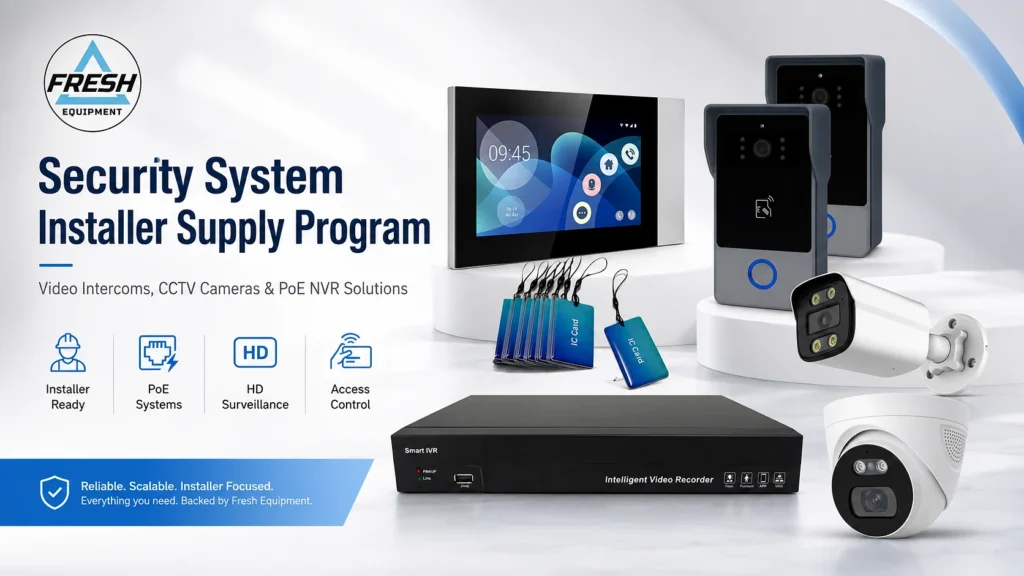 Fresh USA Security System Installer Supply Program graphic featuring video intercoms, CCTV security cameras, PoE systems, access control devices, and an NVR recorder.