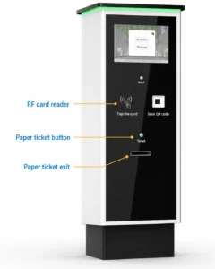 Parking kiosk with RFID card and paper ticket for automated parking payment system