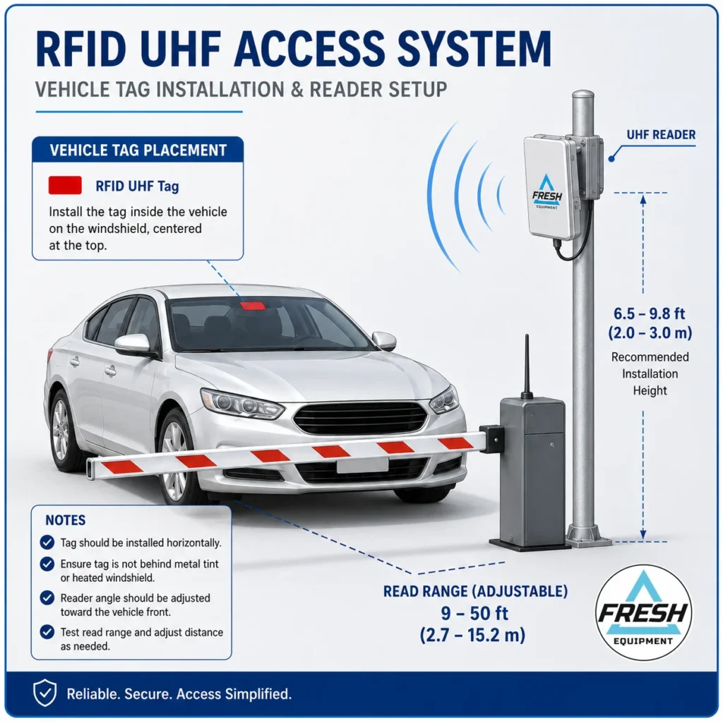 Vehicle windshield tag and RFID reader setup for residential gate access control
