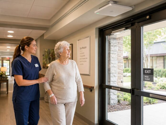 Caring support in a peaceful hallway Wander Management System | Patient Elopement Prevention