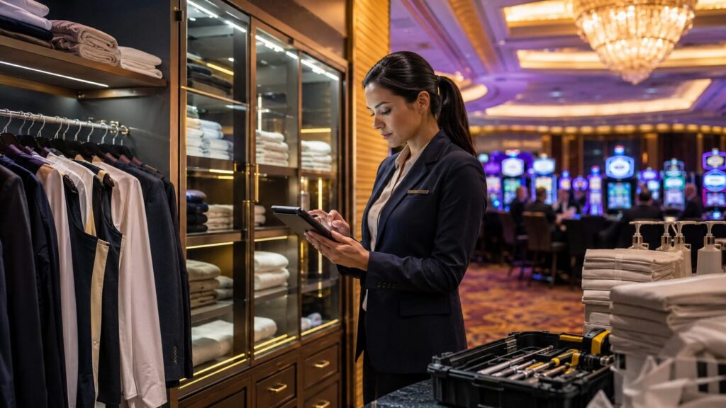 Casino backroom with a focused worker