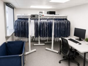 Industrial garment handling and workspace
