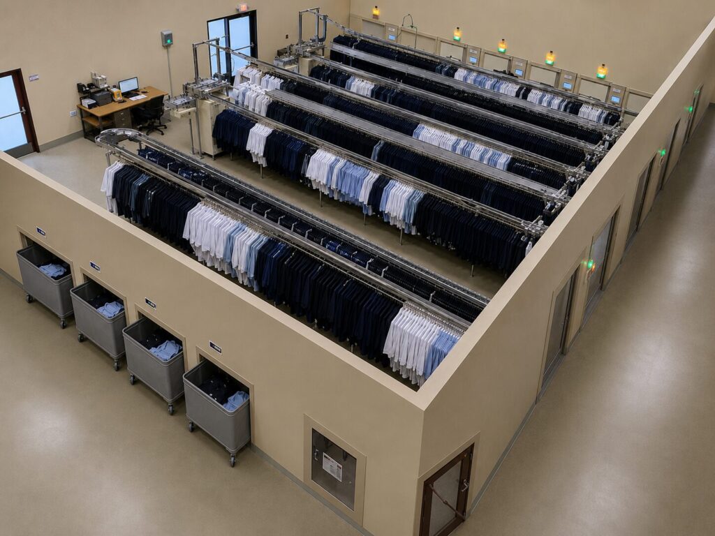 Industrial garment sorting and storage area