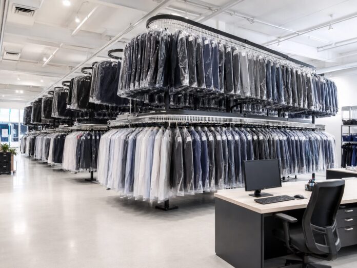 Modern garment storage warehouse interior Uniform Storage Solutions Custom conveyor layouts High-density uniform storage Fast garment retrieval Efficient use of vertical space Standalone or automated operation Optional RFID and software integration