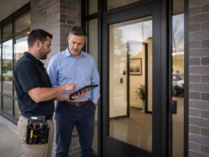 Technician planning a commercial access control installation