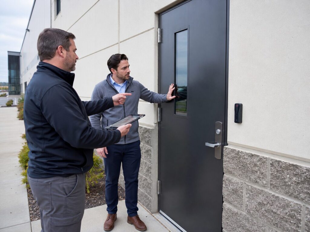 Technician planning access control installation with a facility manager