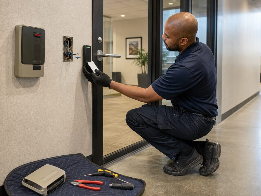 Technician replacing an outdated commercial card reader