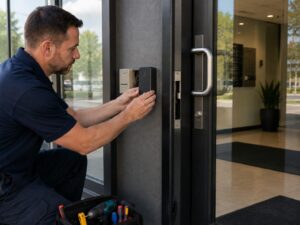 Technician replacing an outdated commercial access reader