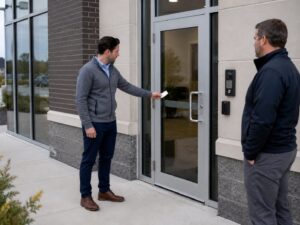 Commercial entrance with an access reader and video intercom