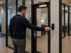 Employee using a key fob at a secured business entrance