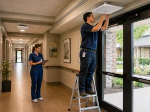 Technician installing a ceiling-mounted RFID reader above a commercial exit while another employee checks the system