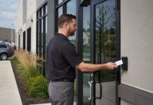 Employee using a key card at a commercial entrance in Wheeling