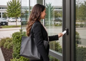 Employee using a key card at a commercial office entrance
