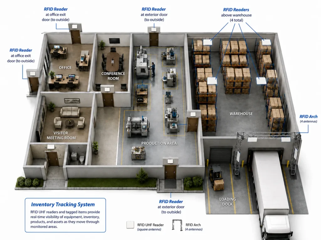 Facility diagram showing RFID readers for equipment, product, inventory and asset tracking across offices, production, warehouse and loading dock areas