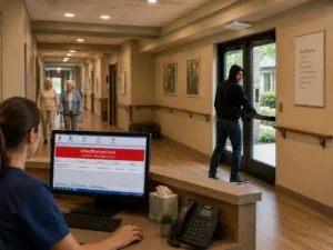 Desktop inventory software showing an unauthorized exit alert at a monitored facility door