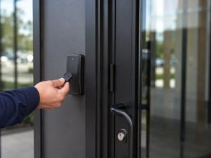 Employee using a key fob at a commercial door reader