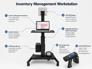 Mobile inventory workstation with laptop, UHF RFID reader, battery backup and handheld RFID reader