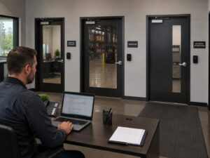 Multi-door access control system inside a commercial facility