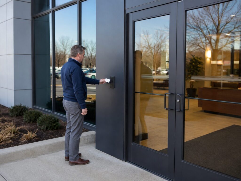 Property manager using key card access at a commercial building