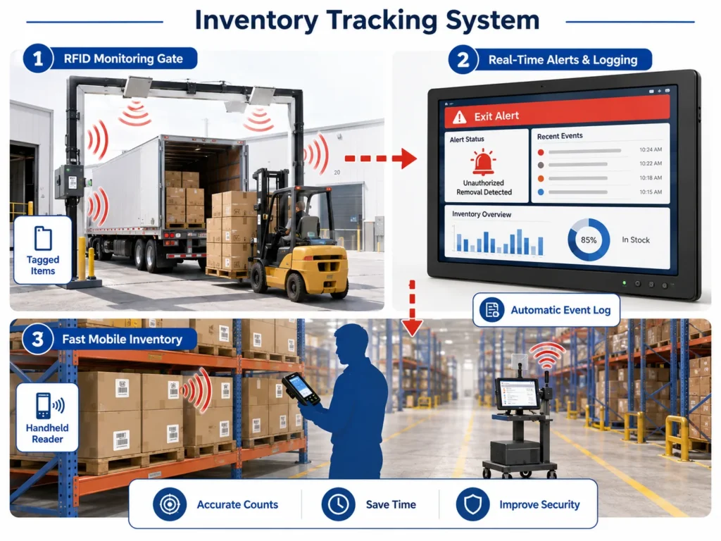 Inventory tracking workflow showing RFID gate monitoring, real-time exit alerts and handheld inventory counts