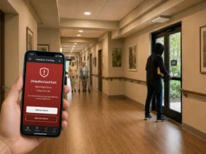 Mobile phone displaying an unauthorized exit alert while a person leaves a monitored facility
