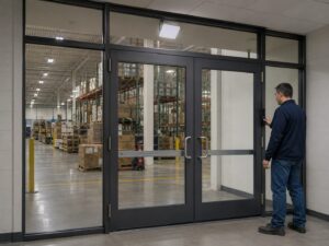 Warehouse employee using key card access at a secured entrance