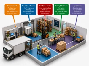 Warehouse diagram showing product search, receiving, real-time location, picking and cycle counts