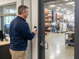 Warehouse employee using key card access at a secured entrance