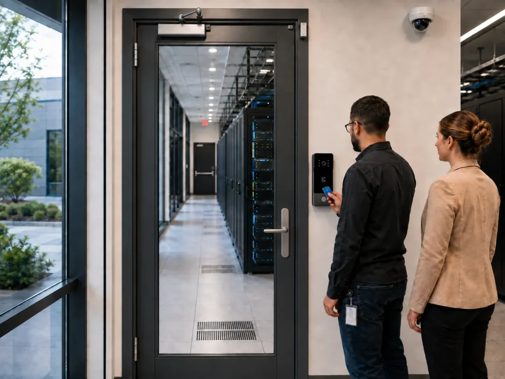 Employee using a combined access card reader and video intercom at a secured data center entrance