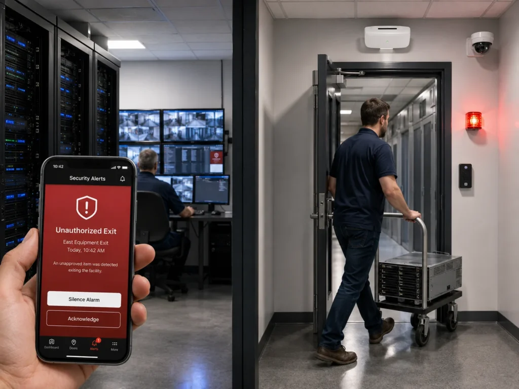 Unauthorized equipment exit detected in a data center with local alarm, security workstation, and mobile app notification