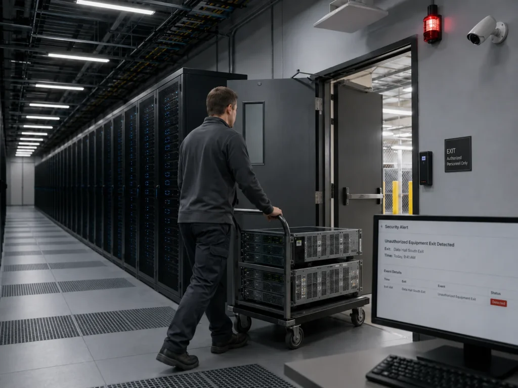Technician moving servers through a monitored data center exit while a workstation records an unauthorized equipment exit alert