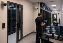 Data Center Physical Security Systems Design & Installation Data center physical security system with access control, video surveillance, server racks, technician, and security workstation